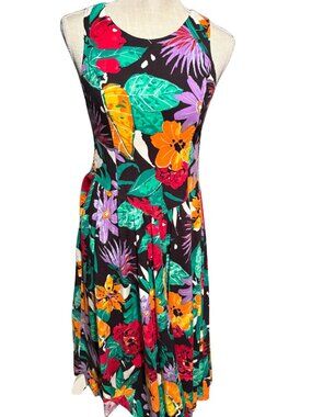 VTG 90s Floral Midi Cotton Dress SMW Style My Way Sz 7 S Smocked Back Fit Flare